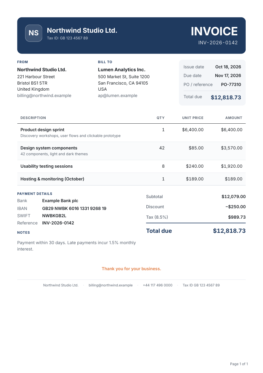 First page of the English invoice sample from Northwind Studio
